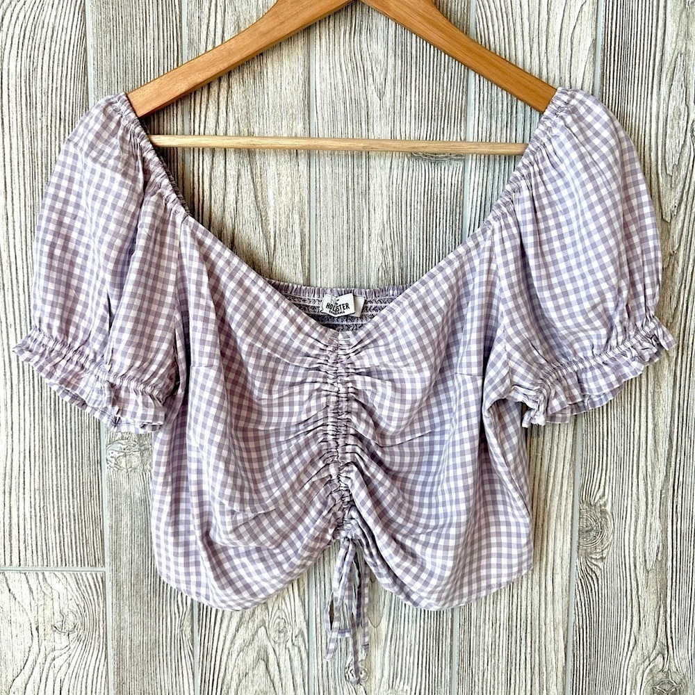 NEW! HOLLISTER LAVENDER GINGHAM Puffy Sleeve Crop Top Ruched Womens Size Large